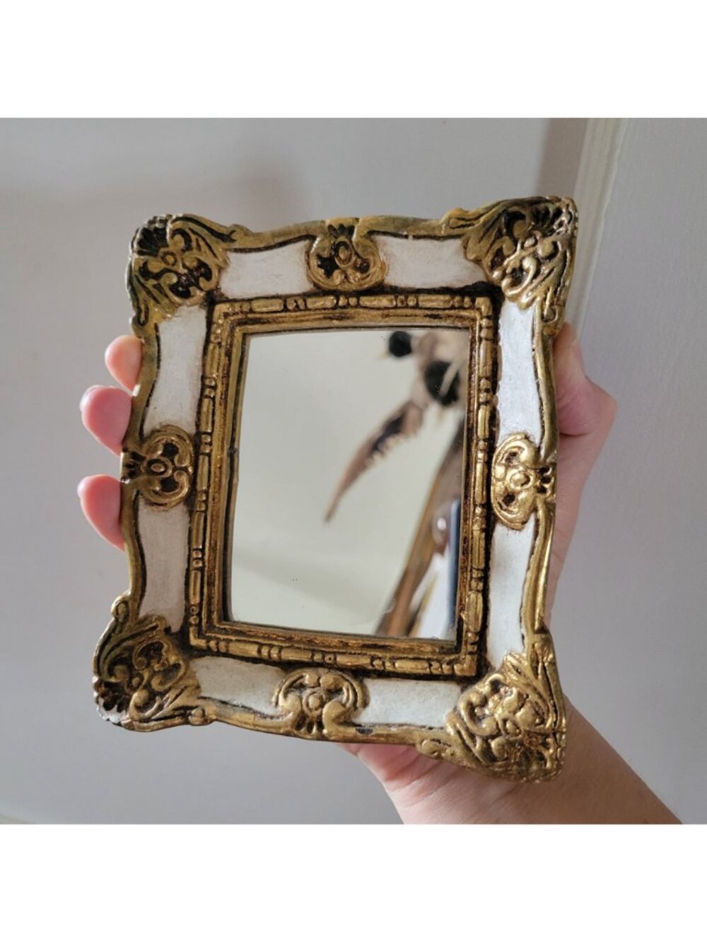 Small Vintage Ornate Italian Plaster White and Gold Accent Mirror 5.75" x 4.875"